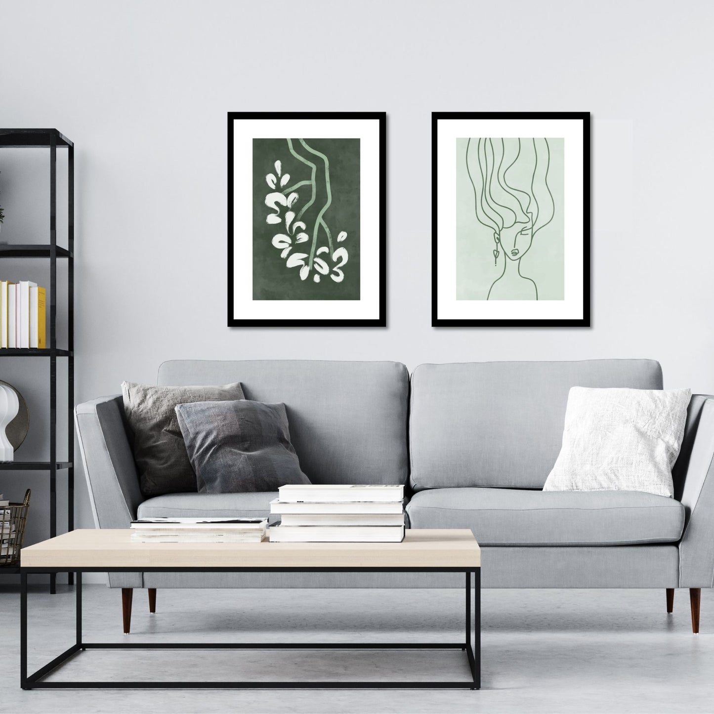 Green Abstract plakat. Med sine beroligende grønne toner og sofistikerte design, tilfører denne plakaten en følelse av ro og harmoni til ethvert rom. Illustrasjonen viser plakat No3 og No4 i sort ramme på en vegg over en sofa.