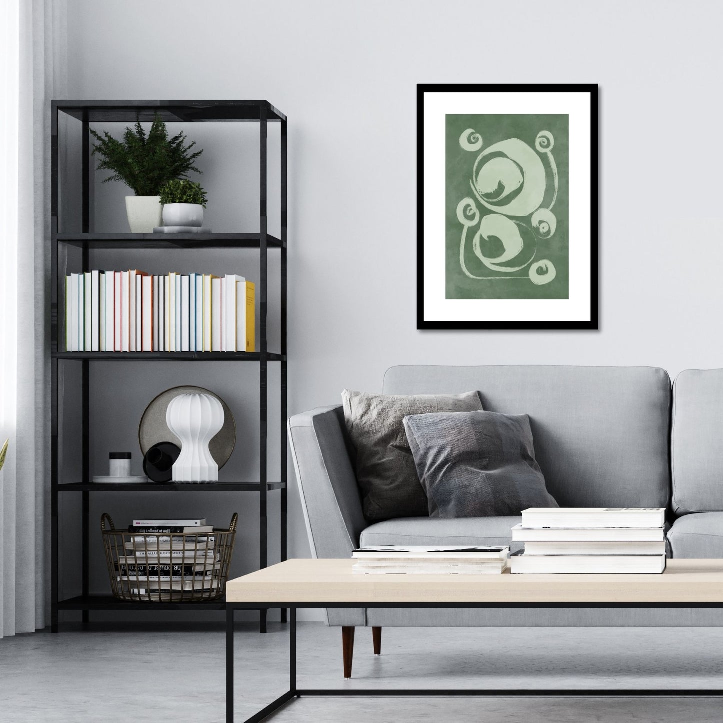 Green Abstract plakat. Med sine beroligende grønne toner og sofistikerte design, tilfører denne plakaten en følelse av ro og harmoni til ethvert rom. Illustrasjonen viser plakat i sort ramme på en vegg over en sofa.