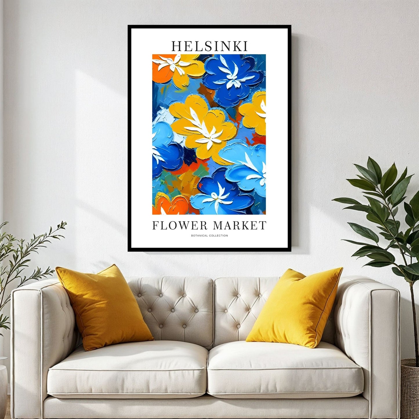 Dette moderne kunstverket kombinerer dristige blå og gule blomster i et livlig og energisk design. Illustrasjon viser plakat i sort ramme.