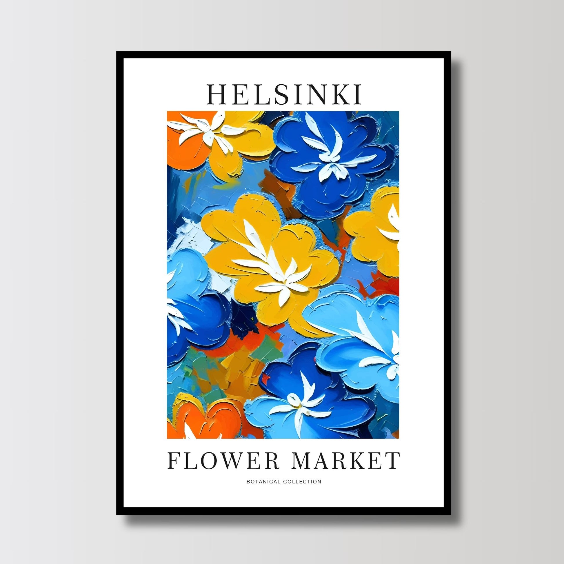 Dette moderne kunstverket kombinerer dristige blå og gule blomster i et livlig og energisk design. Illustrasjon viser plakat i sort ramme.