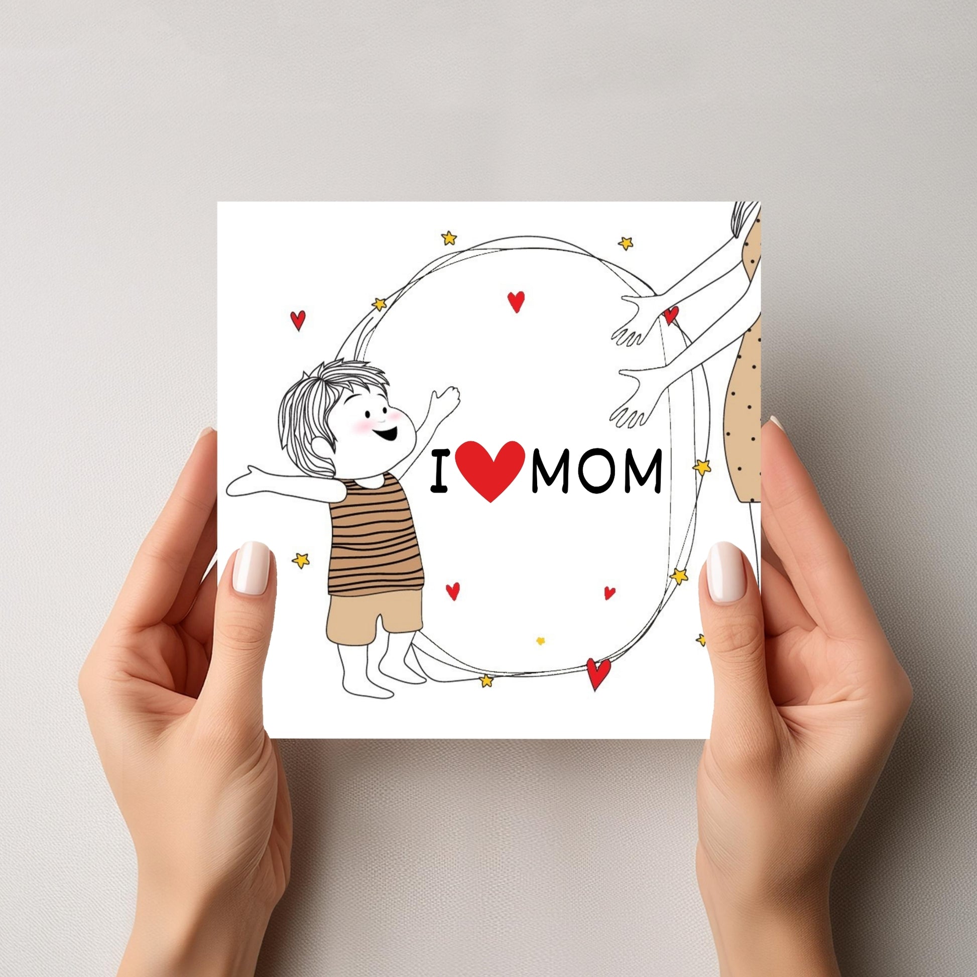 Med et søtt og enkelt design som inkluderer teksten "I ❤️ MOM", formidler dette kortet takknemlighet og kjærlighet på en varm og rørende måte.&nbsp;&nbsp;