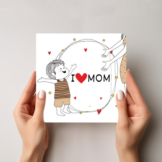 Med et søtt og enkelt design som inkluderer teksten "I ❤️ MOM", formidler dette kortet takknemlighet og kjærlighet på en varm og rørende måte.&nbsp;&nbsp;