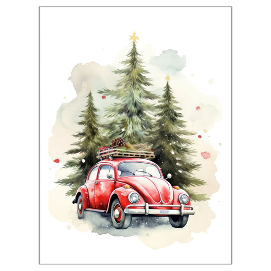 Grafisk julemotiv av gammel, rød volkswagen boble. Bilen kjører i en skog, og på taket er den lastet med juledekorasjoner. Motivet trykkes på plakat og lerret. 