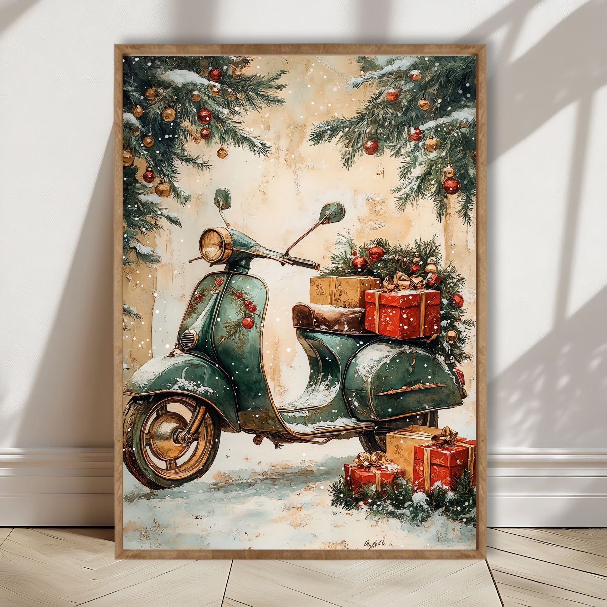 Dette vintage-inspirerte motivet viser en klassisk Vespa fylt med gaver og pyntet med julegrønt, perfekt for å tilføre en festlig atmosfære med en moderne vri. Illustrasjon viser motivet som plakat i lys ramme