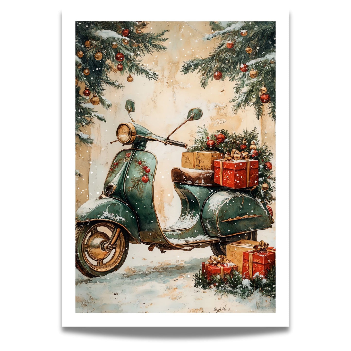 Dette vintage-inspirerte motivet viser en klassisk Vespa fylt med gaver og pyntet med julegrønt, perfekt for å tilføre en festlig atmosfære med en moderne vri.