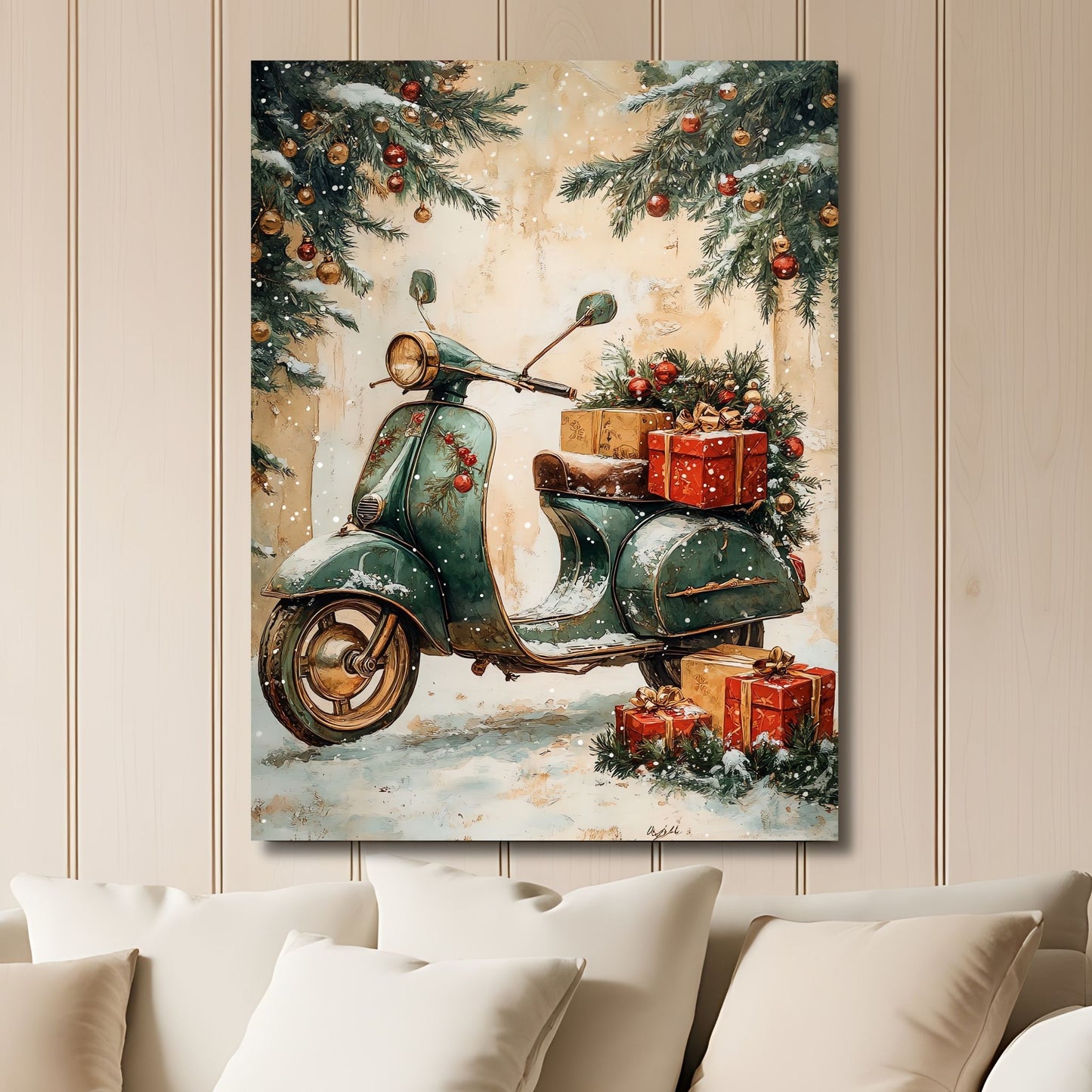 Dette vintage-inspirerte motivet viser en klassisk Vespa fylt med gaver og pyntet med julegrønt, perfekt for å tilføre en festlig atmosfære med en moderne vri. Illustrasjon viser motivet på lerret.