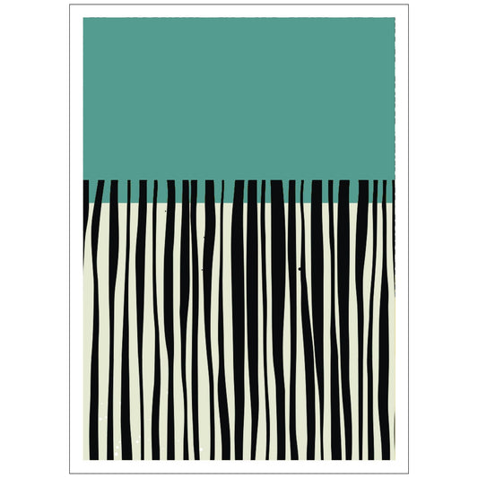 Grafisk abstrakte kunstplakat kombinerer elegant svart og grønn på en subtil beige bakgrunn.