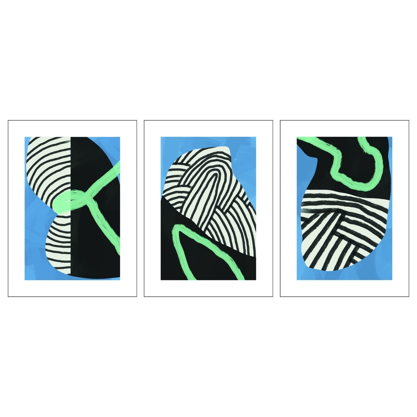 Gi hjemmet ditt et moderne uttrykk med vårt Modern Abstract Art Poster Set. Denne serien består av tre unike plakater som kombinerer abstrakte mønstre og dristige farger i svart, hvitt, blått og grønt. 