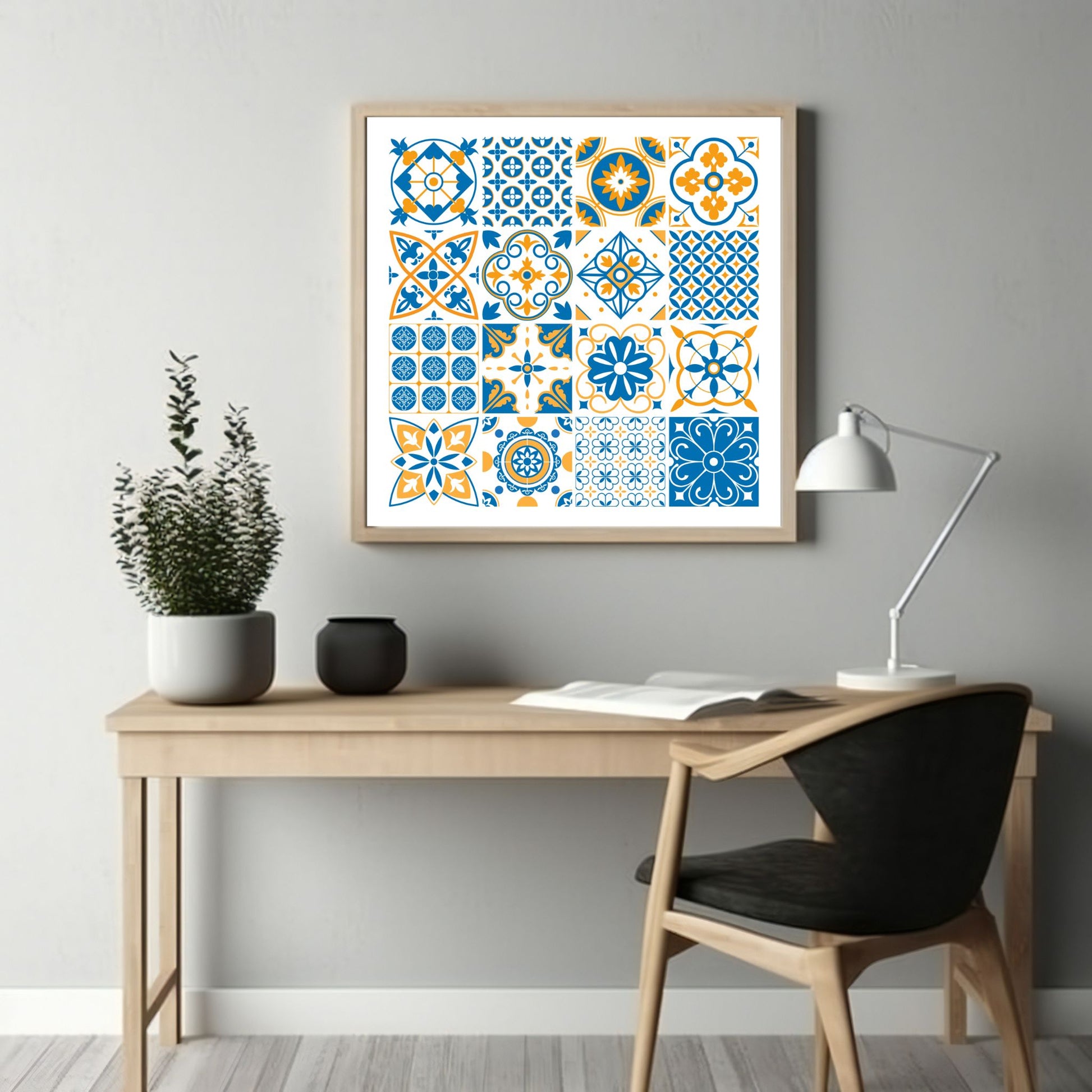 Geometrisk azulejo mønster i fargene hvit, blå og oransje.. Mønsteret består av 25 geometrisk sømløse mønstre.  