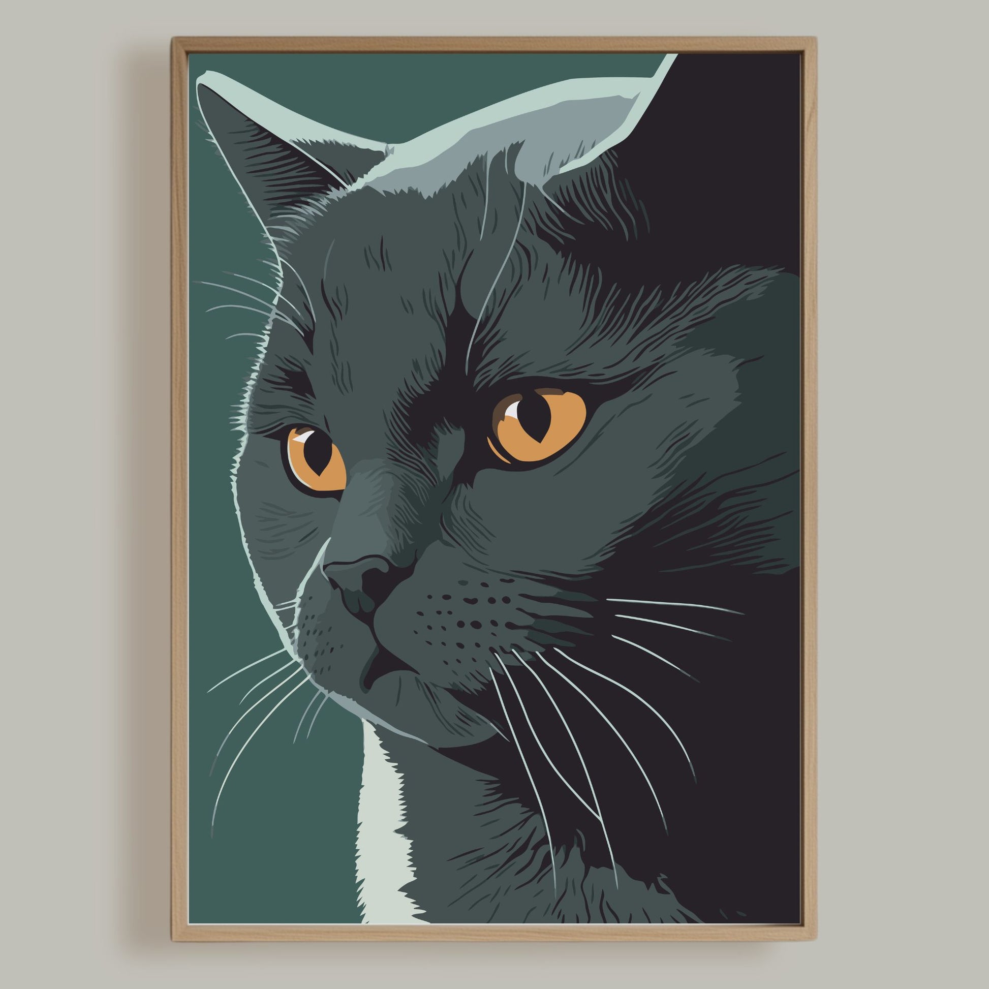 Denne imponerende illustrasjonen fanger skjønnheten og dybden i en svart katt, med intense ravgule øyne og en kunstnerisk, detaljert stil. Illustrasjon viser plakat i eik ramme.