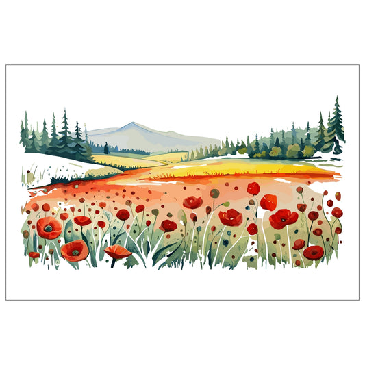 Forvandle ditt hjem med den sjarmerende skjønnheten av vår "Poppies Fields" plakat, en del av en eksklusiv serie grafiske akvarellmalerier.