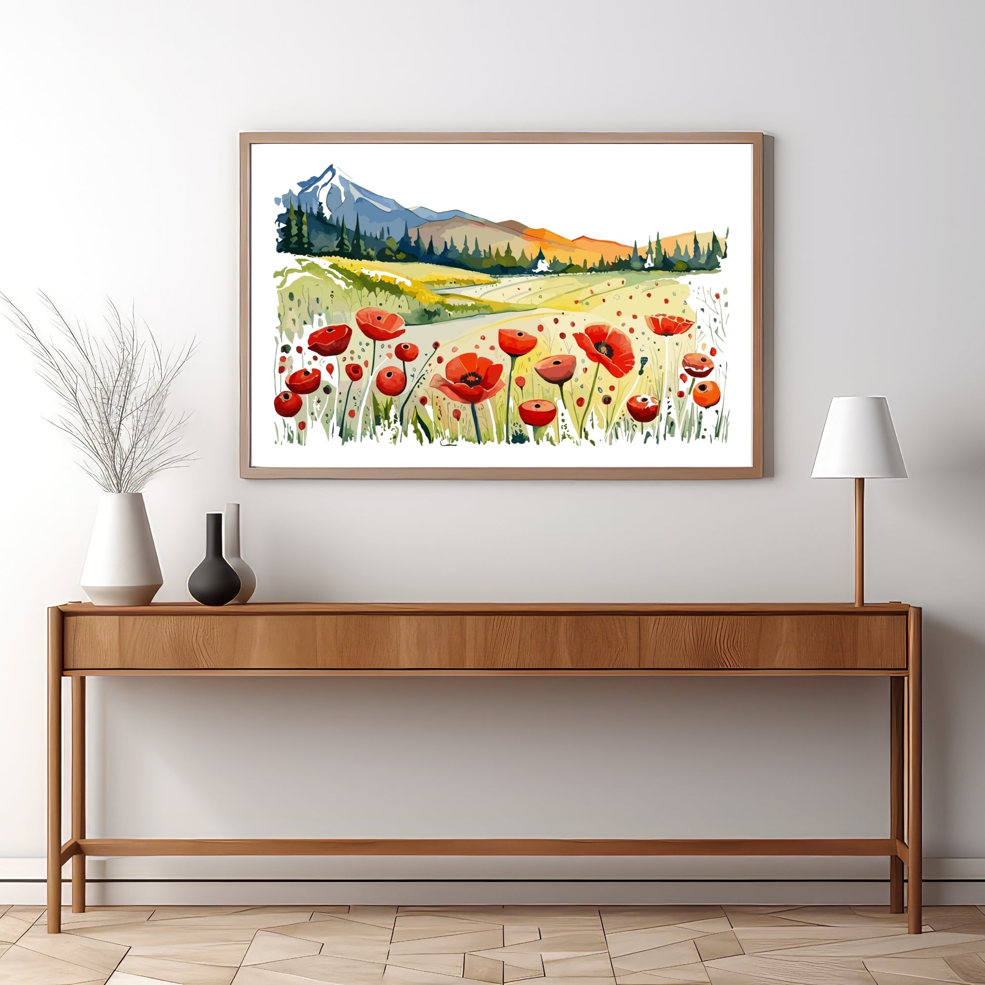 Forvandle ditt hjem med den sjarmerende skjønnheten av vår "Poppies Fields" plakat, en del av en eksklusiv serie grafiske akvarellmalerier. Illustrasjonsfoto viser motivet i en eikeramme.