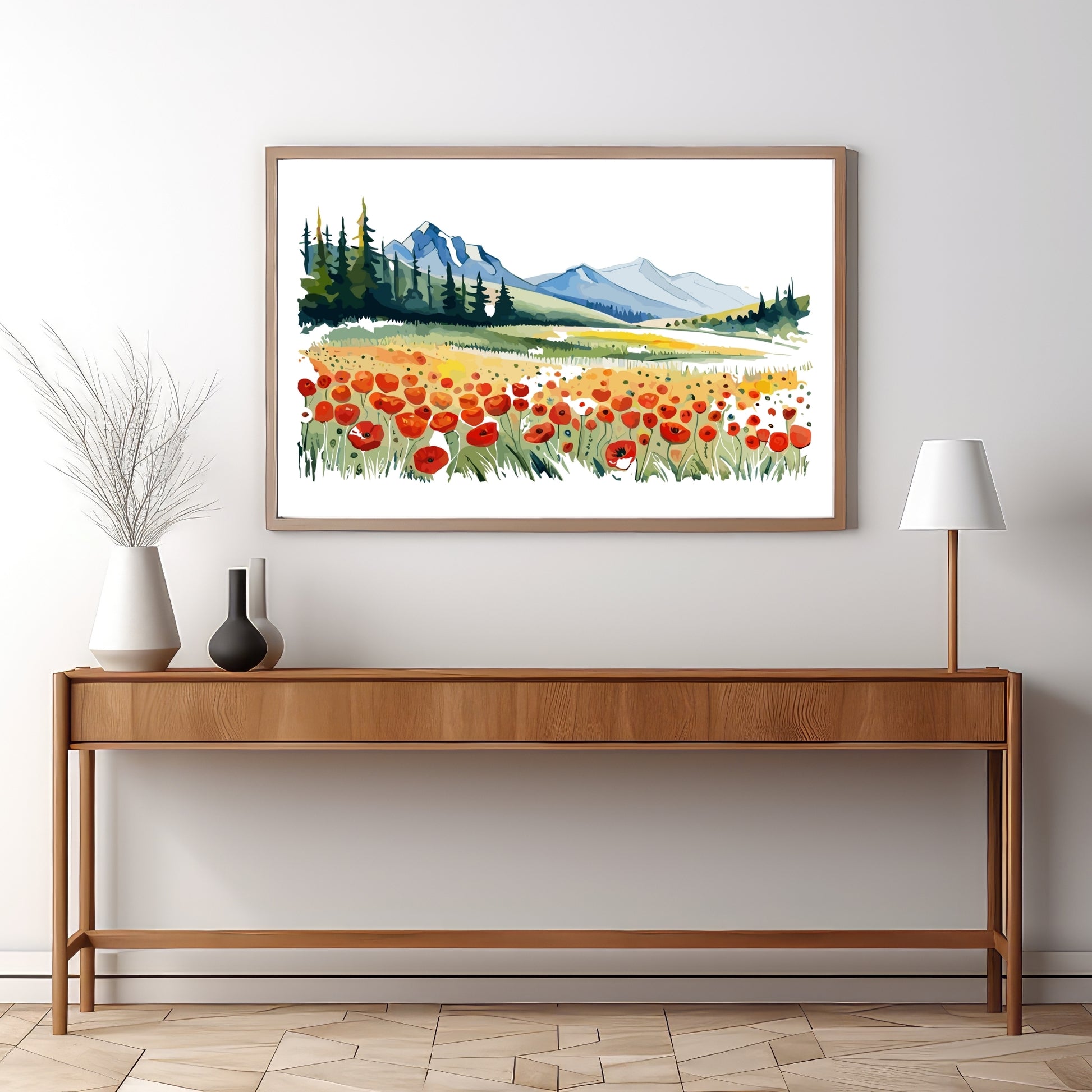 Forvandle ditt hjem med den sjarmerende skjønnheten av vår "Poppies Fields" plakat, en del av en eksklusiv serie grafiske akvarellmalerier. Illustrasjonsfoto viser motivet i en eikeramme.