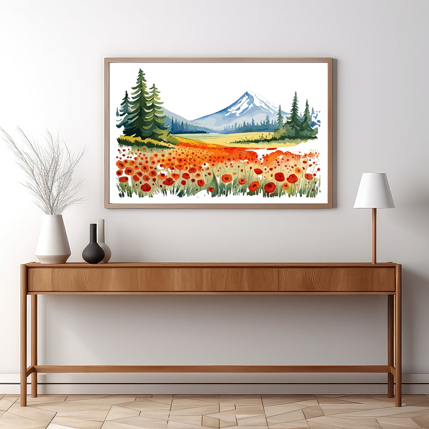 Forvandle ditt hjem med den sjarmerende skjønnheten av vår "Poppies Fields" plakat, en del av en eksklusiv serie grafiske akvarellmalerier. Illustrasjonsfoto viser motivet i en eikeramme.