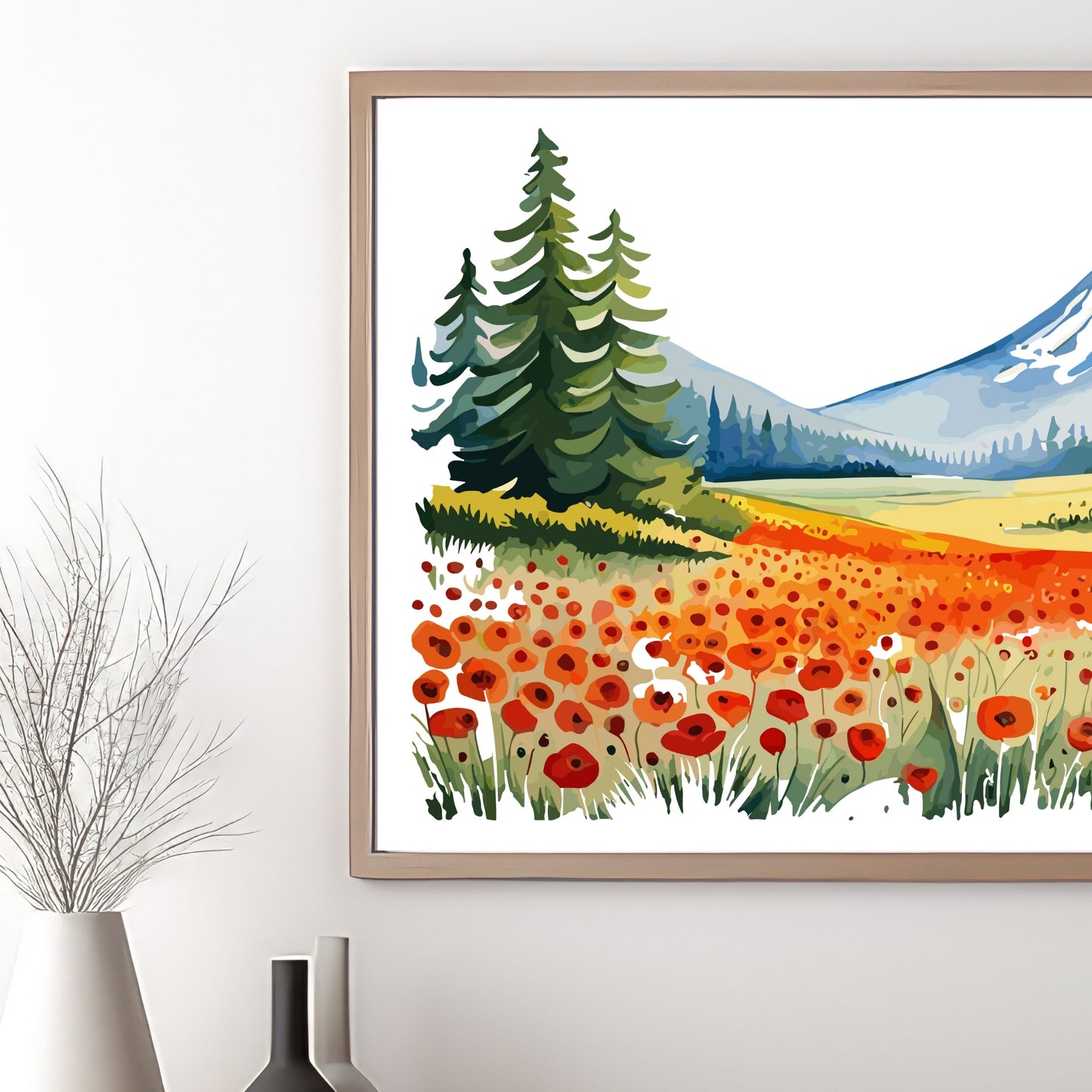 Forvandle ditt hjem med den sjarmerende skjønnheten av vår "Poppies Fields" plakat, en del av en eksklusiv serie grafiske akvarellmalerier. Illustrasjonsfoto viser motivet i en eikeramme.