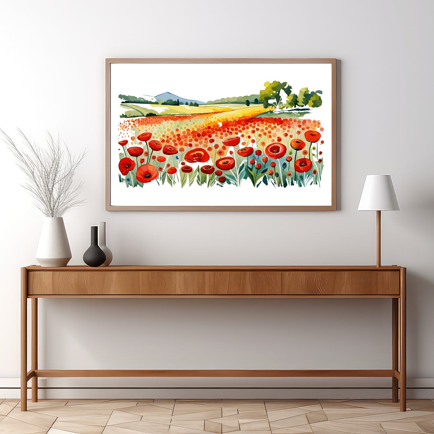 Forvandle ditt hjem med den sjarmerende skjønnheten av vår "Poppies Fields" plakat, en del av en eksklusiv serie grafiske akvarellmalerier. Illustrasjonsfoto viser motivet i en eikeramme.