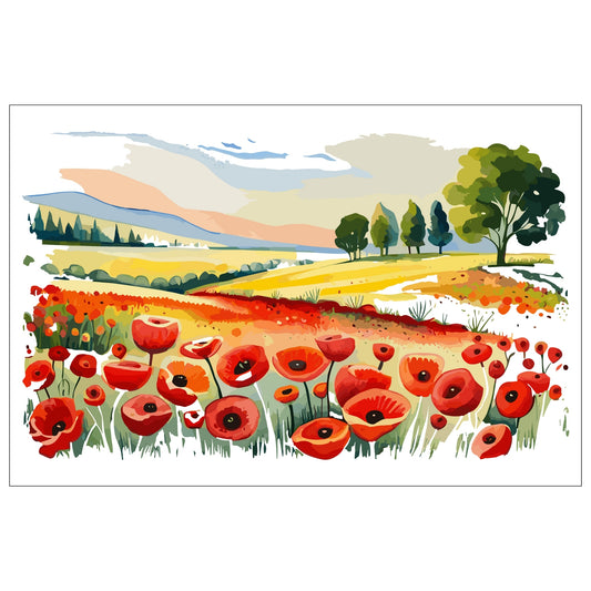 Forvandle ditt hjem med den sjarmerende skjønnheten av vår "Poppies Fields" plakat, en del av en eksklusiv serie grafiske akvarellmalerier.