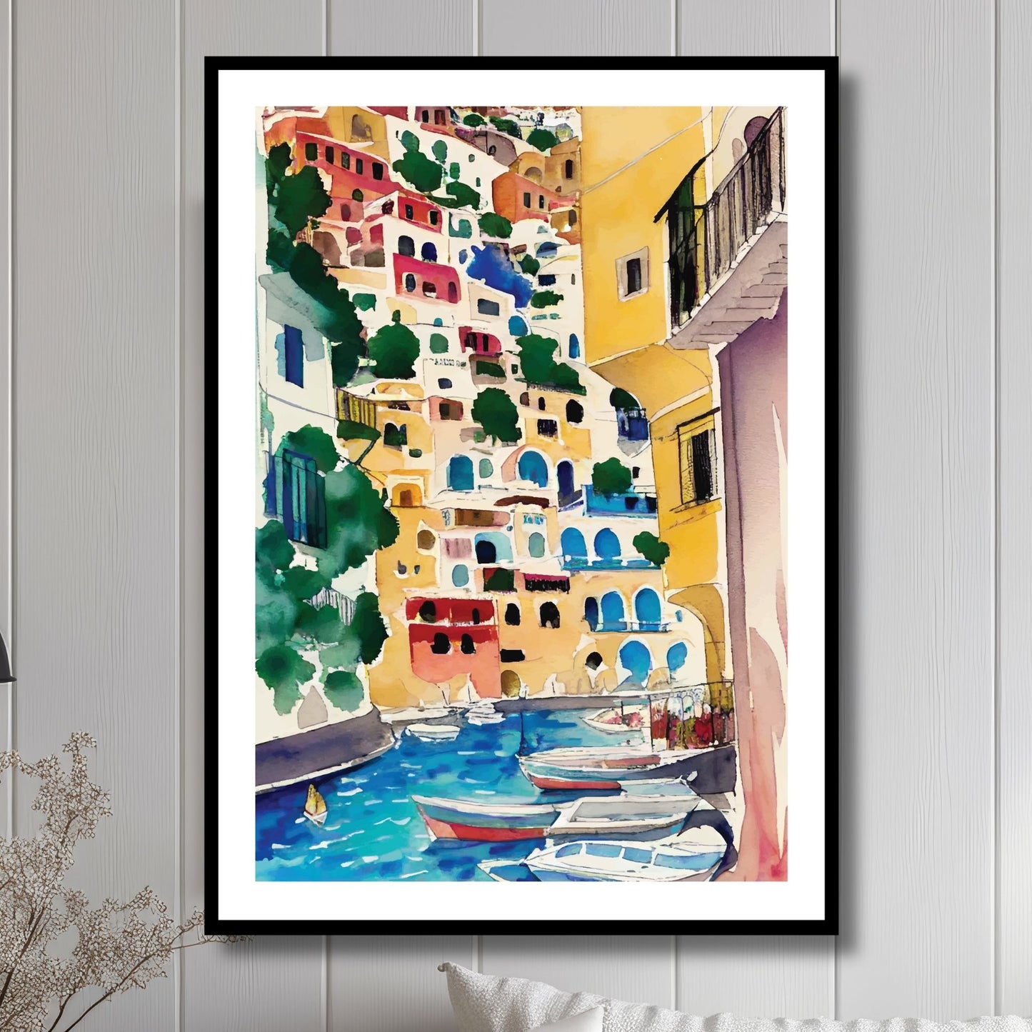 Oppdag den tidløse skjønnheten i Positano med vår akvarell plakat Positano No1. illustrasjon viser plakat i sort ramme.