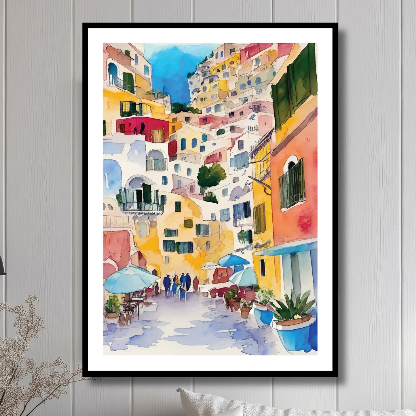 Legg til en bit av italiensk eleganse i hjemmet ditt med vår plakat Positano No6. Illustrasjon viser plakat i sort ramme.