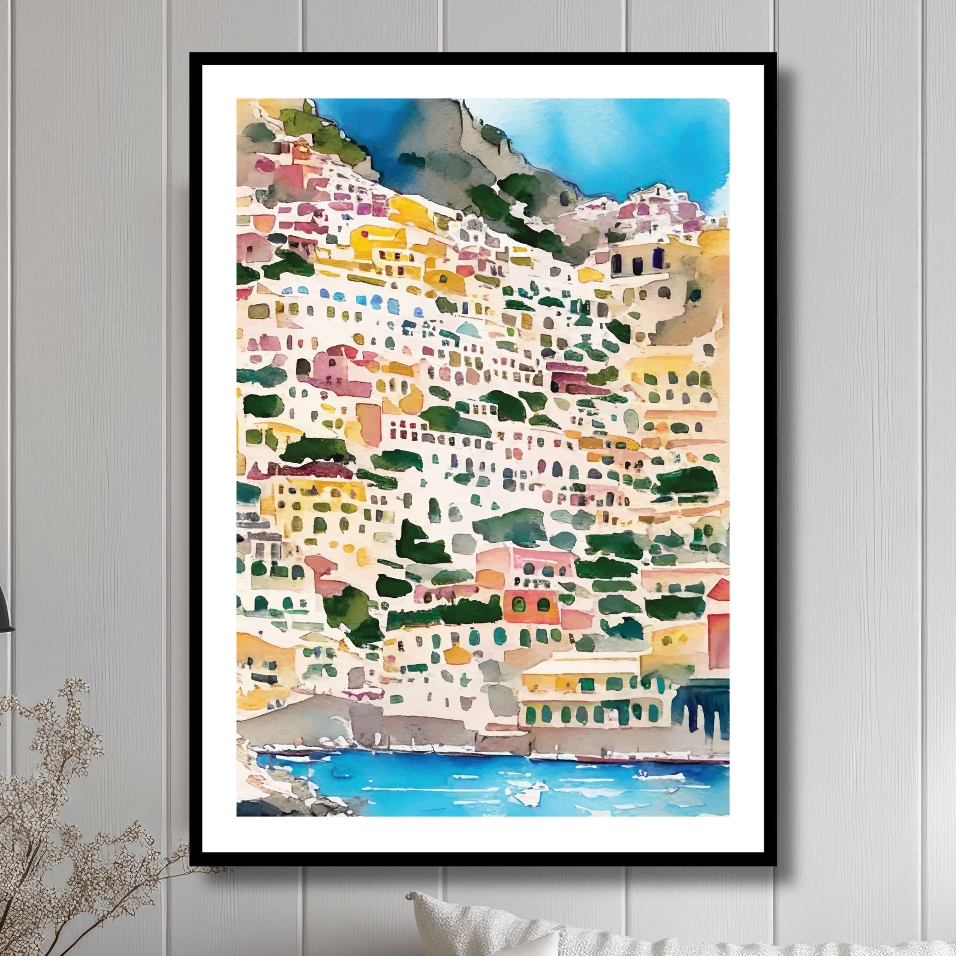 Oppdag den italienske Amalfikystens prakt med vår plakat Positano No7. Illustrasjon viser plakat i sort ramme.