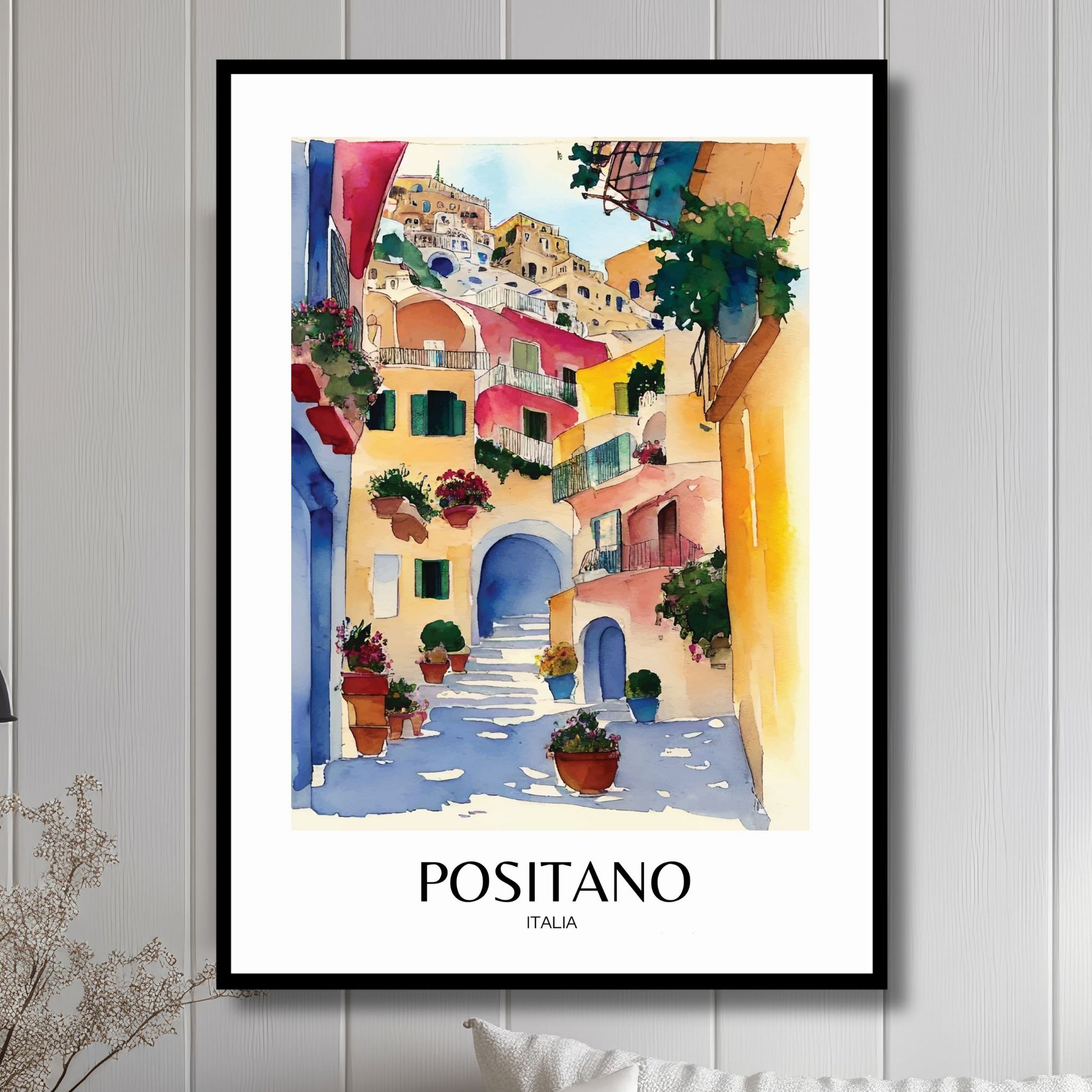 Utforsk magien i Positano med vår plakat Positano No8. Illustrasjon viser plakat med tekst i sort ramme.