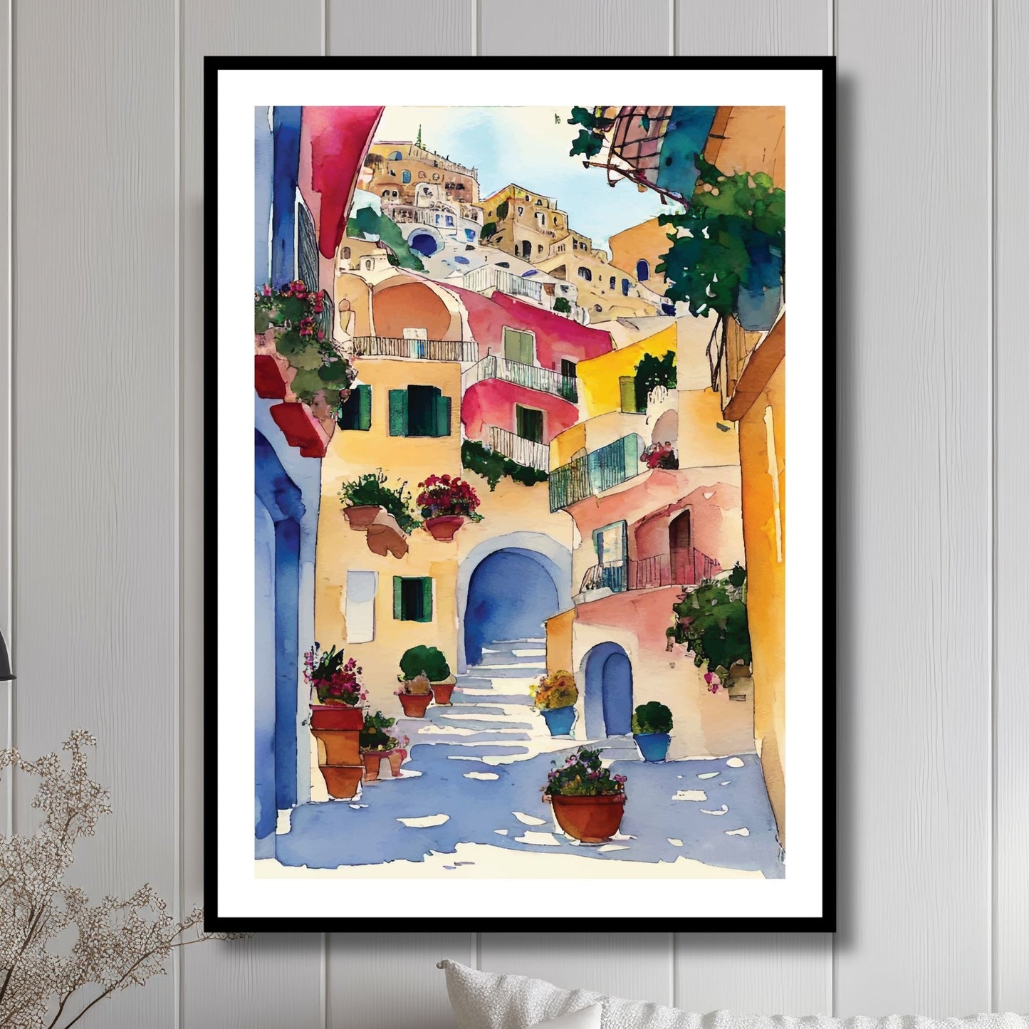 Utforsk magien i Positano med vår plakat Positano No8. Illustrasjon viser plakat i sort ramme.