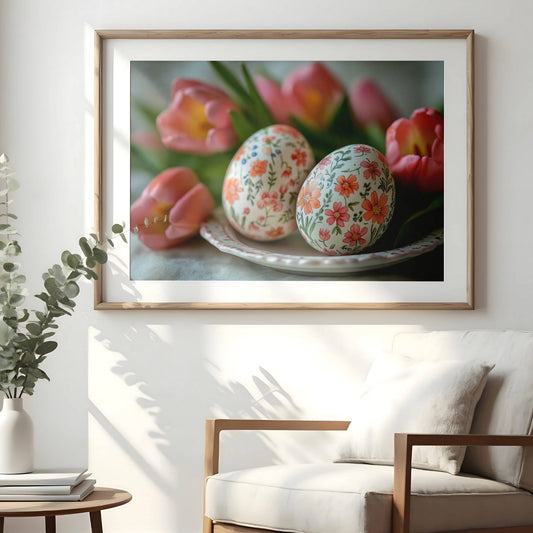 Dette delikate kunstverket viser håndmalte påskeegg med vakre blomsterdetaljer, harmonisk omkranset av myke rosa tulipaner. Illustrasjon viser plakat med passepartout i eik ramme.