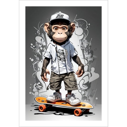 Denne unike plakaten eller lerretet viser en ape som står på skateboard, ikledd shorts, skjorte og caps. Bakgrunnen har et stilig abstrakt mønster i gråfarger, noe som gir en flott helhet til motivet.