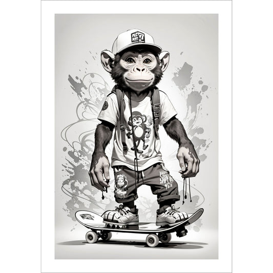 Denne unike plakaten eller lerretet viser en ape som står på skateboard, ikledd shorts, skjorte og caps. Bakgrunnen har et stilig abstrakt mønster i gråfarger, noe som gir en flott helhet til motivet. 