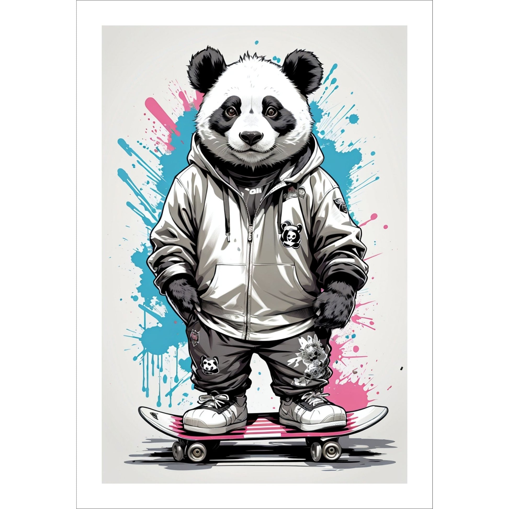 Denne unike plakaten eller lerretet viser en panda som står på skateboard, ikledd hettejakke, cool bukse og sneakers. Motivet har en fargerik splash i turkis og rosa på grå bakgrunn.