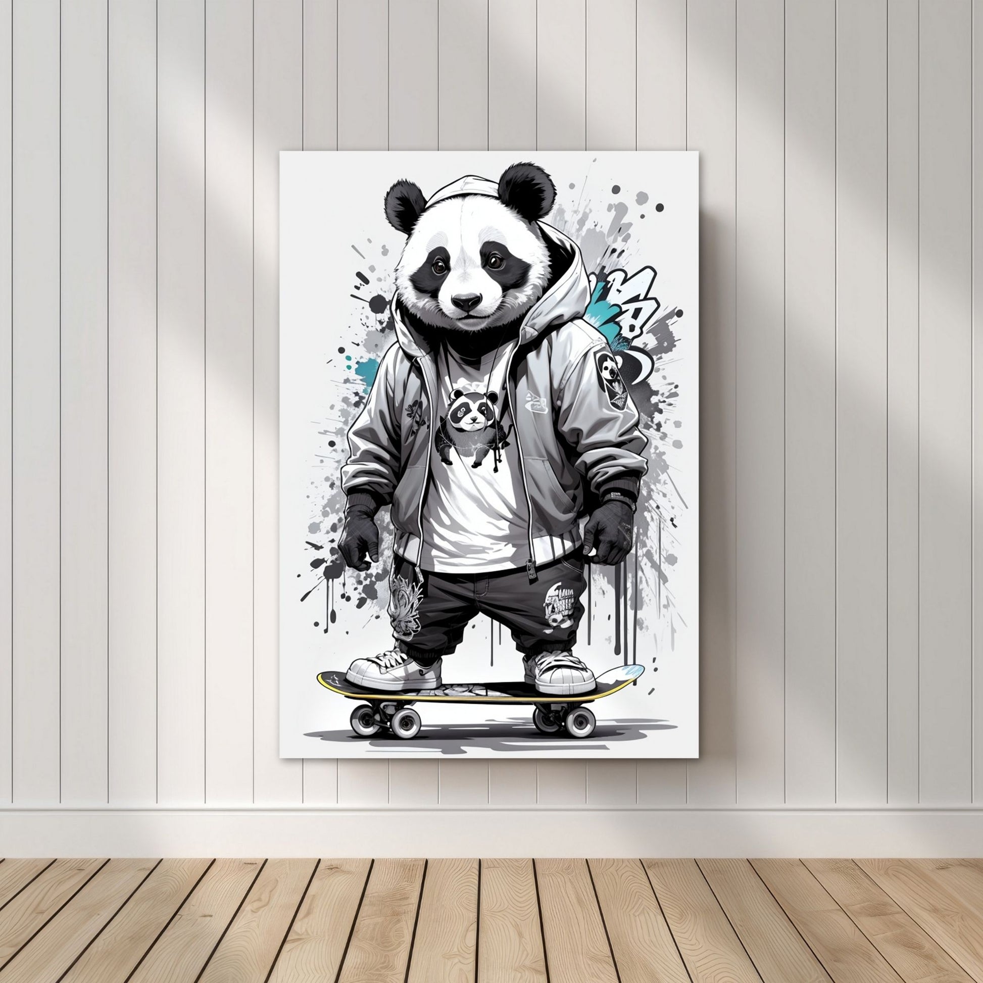 Denne unike plakaten eller lerretet viser en panda som står på skateboard, ikledd hettejakke, cool bukse og sneakers. Motivet har en fargerik splash i turkis og grått på lys grå bakgrunn. Illustrasjonsfoto viser motivet på lerret.