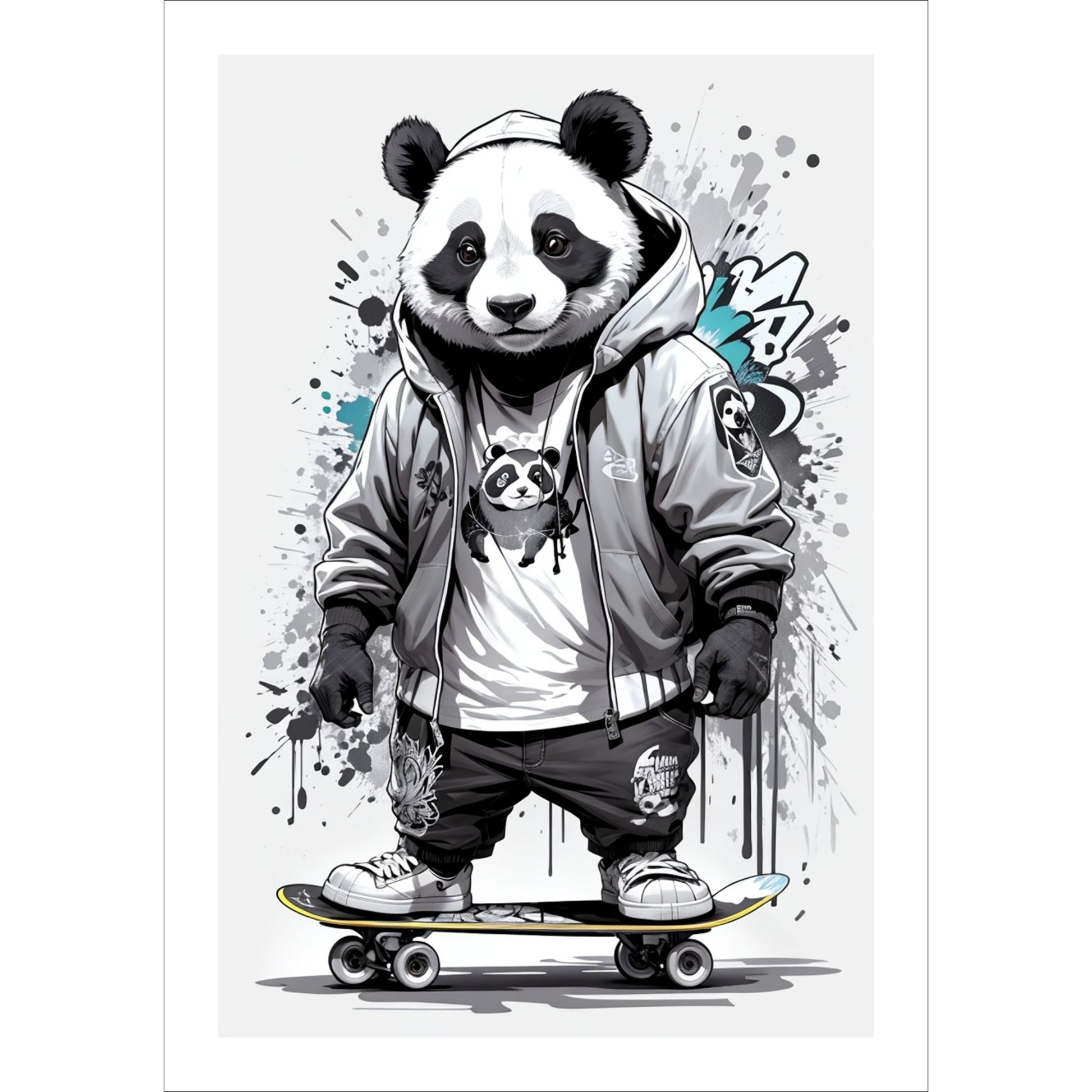 Denne unike plakaten eller lerretet viser en panda som står på skateboard, ikledd hettejakke, cool bukse og sneakers. Motivet har en fargerik splash i turkis og grått på lys grå bakgrunn.