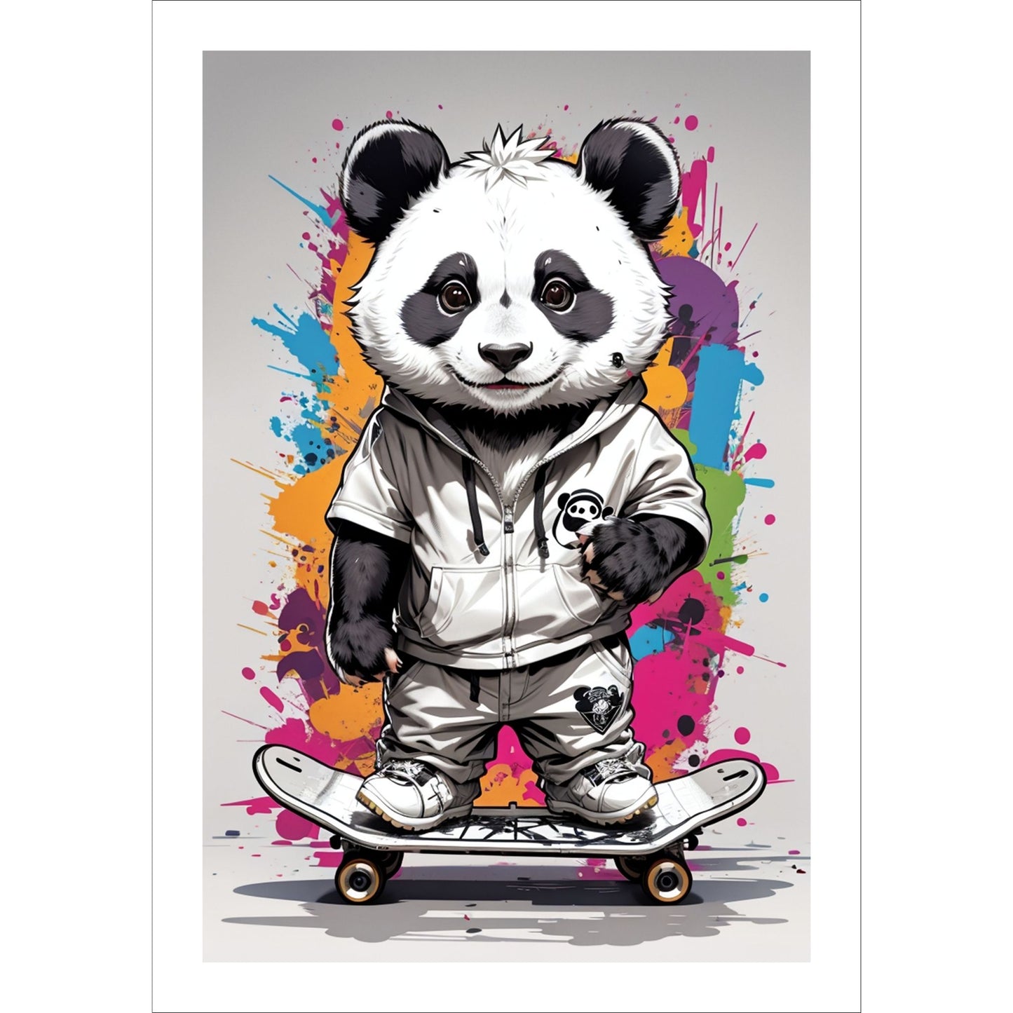 Denne unike plakaten eller lerretet viser en panda som står på skateboard, ikledd hettejakke, cool bukse og sneakers. Motivet har en fargerik splash på grå bakgrunn.