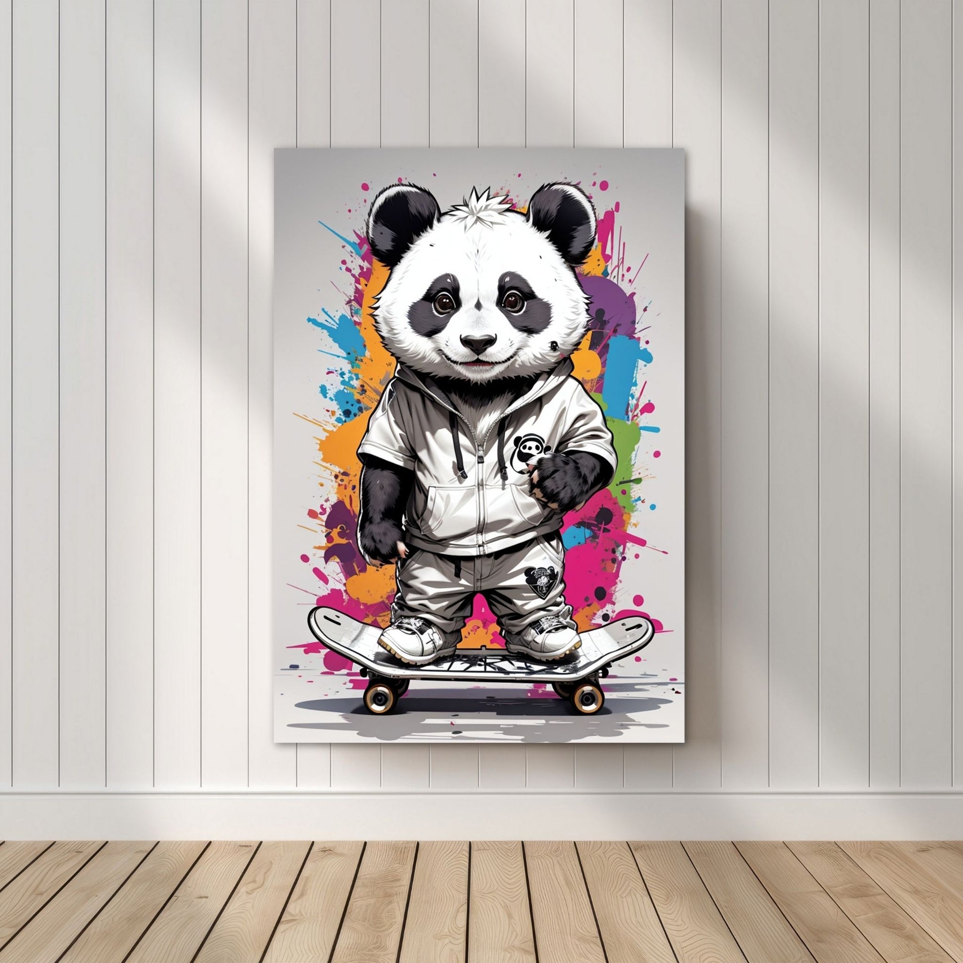 Denne unike plakaten eller lerretet viser en panda som står på skateboard, ikledd hettejakke, cool bukse og sneakers. Motivet har en fargerik splash på grå bakgrunn. Illustrasjonsfoto viser motivet på lerret.