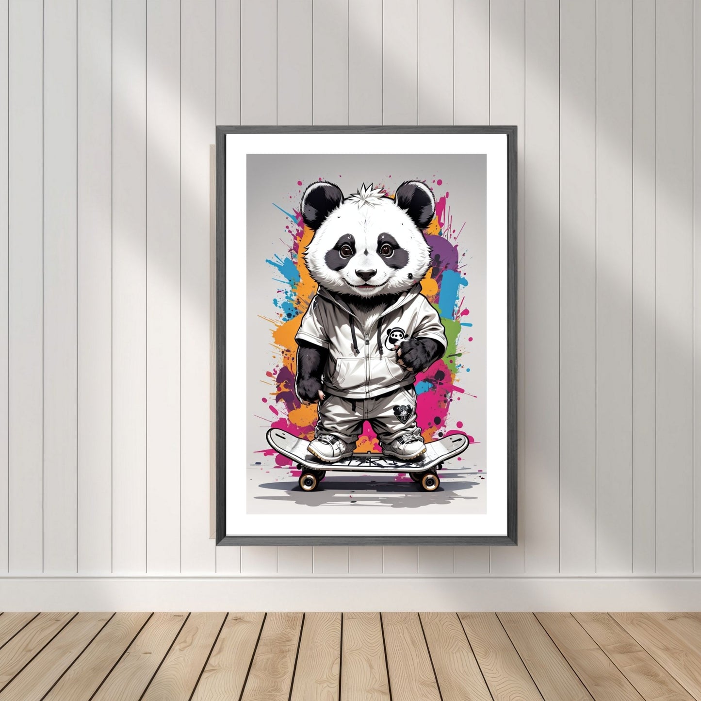 Denne unike plakaten eller lerretet viser en panda som står på skateboard, ikledd hettejakke, cool bukse og sneakers. Motivet har en fargerik splash på grå bakgrunn. Illustrasjonsfoto viser motivet som plakat i mørk ramme.