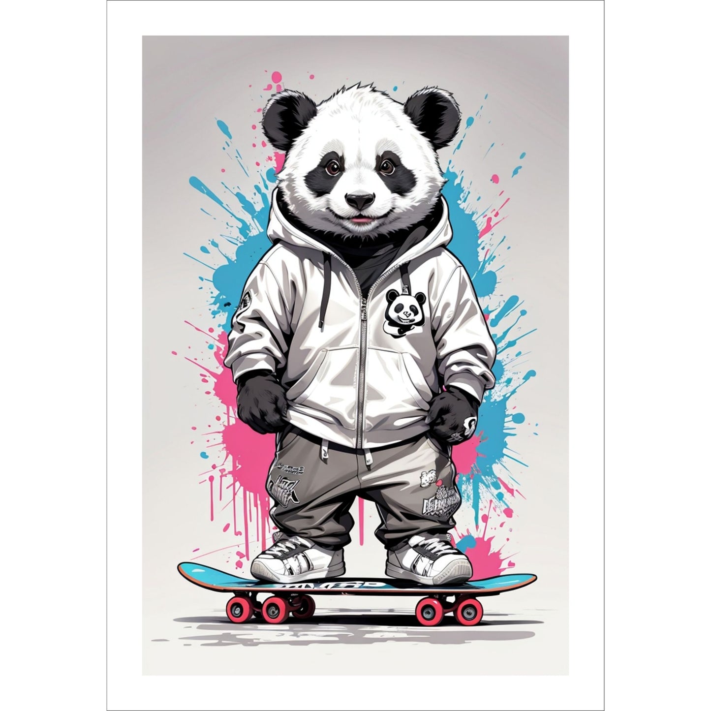 Denne unike plakaten eller lerretet viser en panda som står på skateboard, ikledd hettejakke, cool bukse og sneakers. Motivet har en fargerik splash i turkis og rosa på grå bakgrunn.