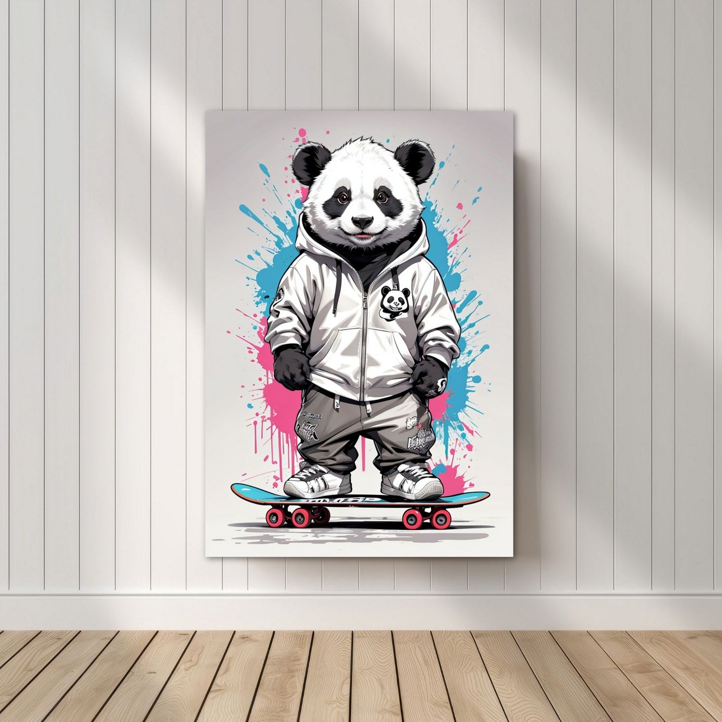 Denne unike plakaten eller lerretet viser en panda som står på skateboard, ikledd hettejakke, cool bukse og sneakers. Motivet har en fargerik splash i turkis og rosa på grå bakgrunn. Illustrasjonsfoto viser motivet på lerret.