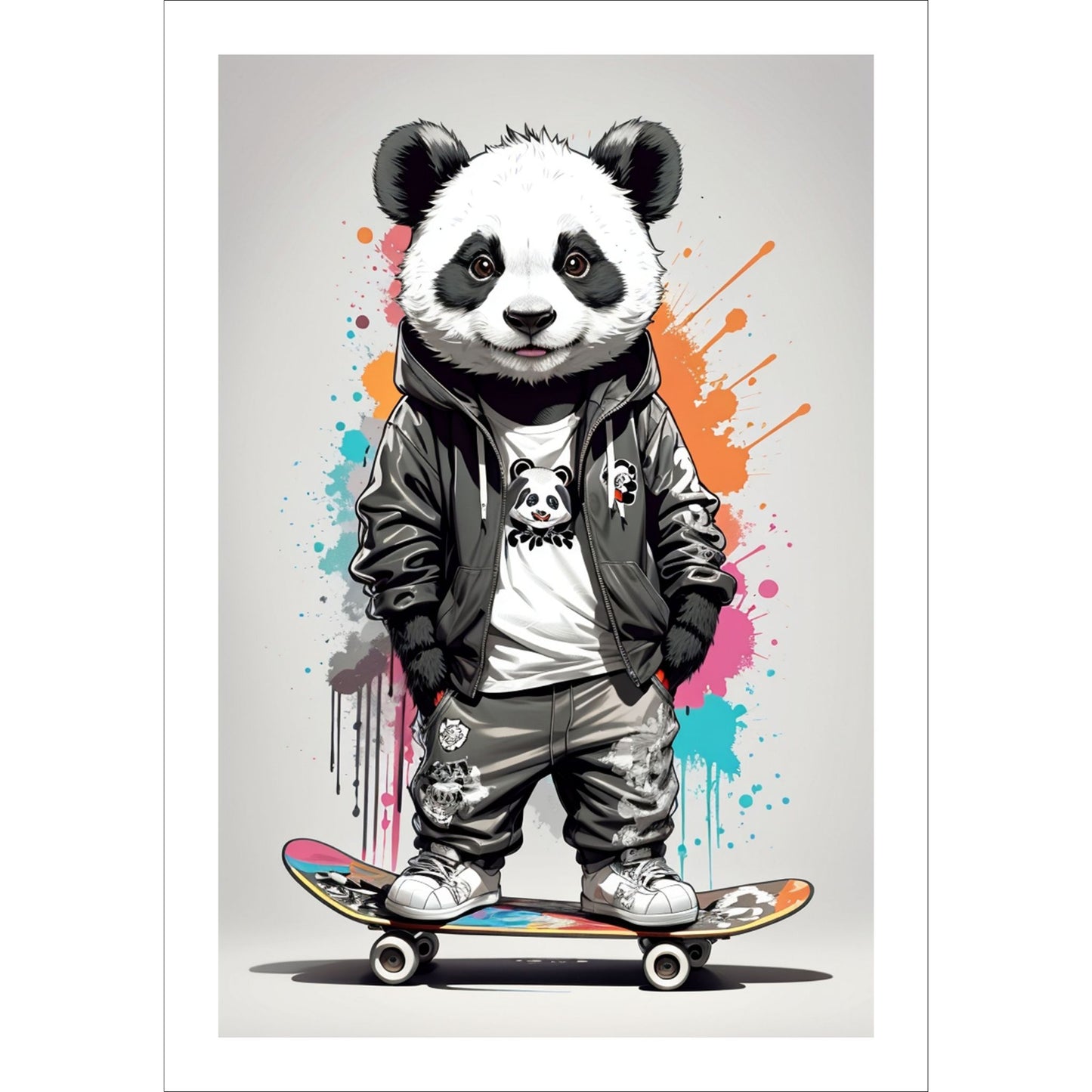 Denne unike plakaten eller lerretet viser en panda som står på skateboard, ikledd hettejakke, cool bukse og sneakers. Motivet har en fargerik splash på grå bakgrunn.