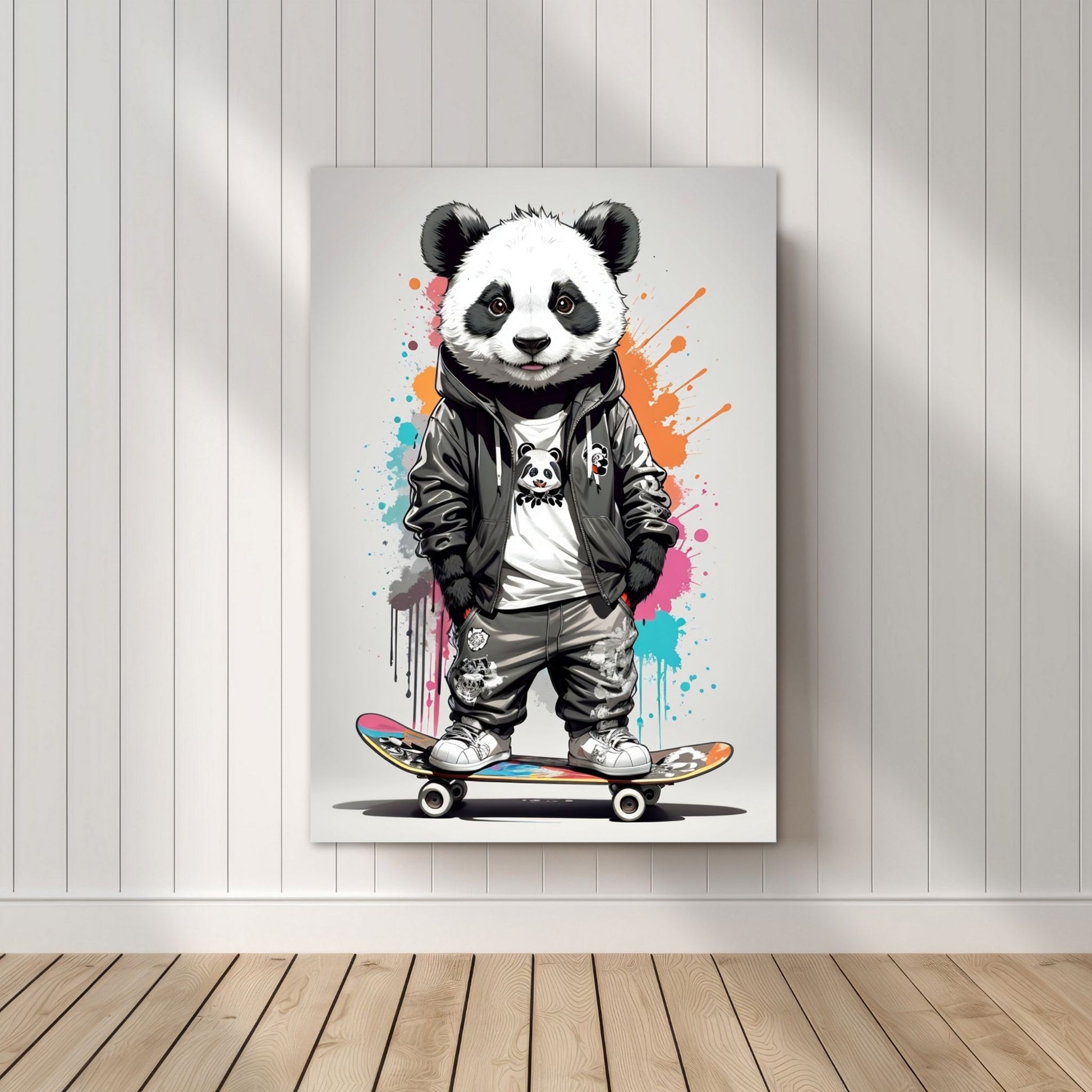 Denne unike plakaten eller lerretet viser en panda som står på skateboard, ikledd hettejakke, cool bukse og sneakers. Motivet har en fargerik splash på grå bakgrunn. Illustrasjonsfoto viser motivet på lerret.