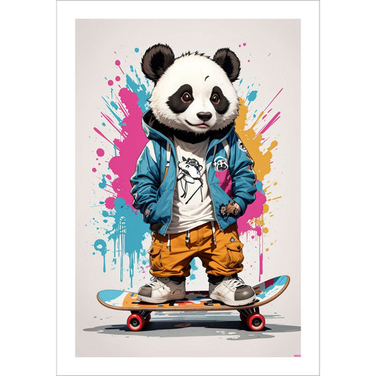 Denne unike plakaten eller lerretet viser en panda som står på skateboard, ikledd blå hettejakke, cool, oransje bukse og sneakers. Motivet har en fargerik splash på grå bakgrunn.