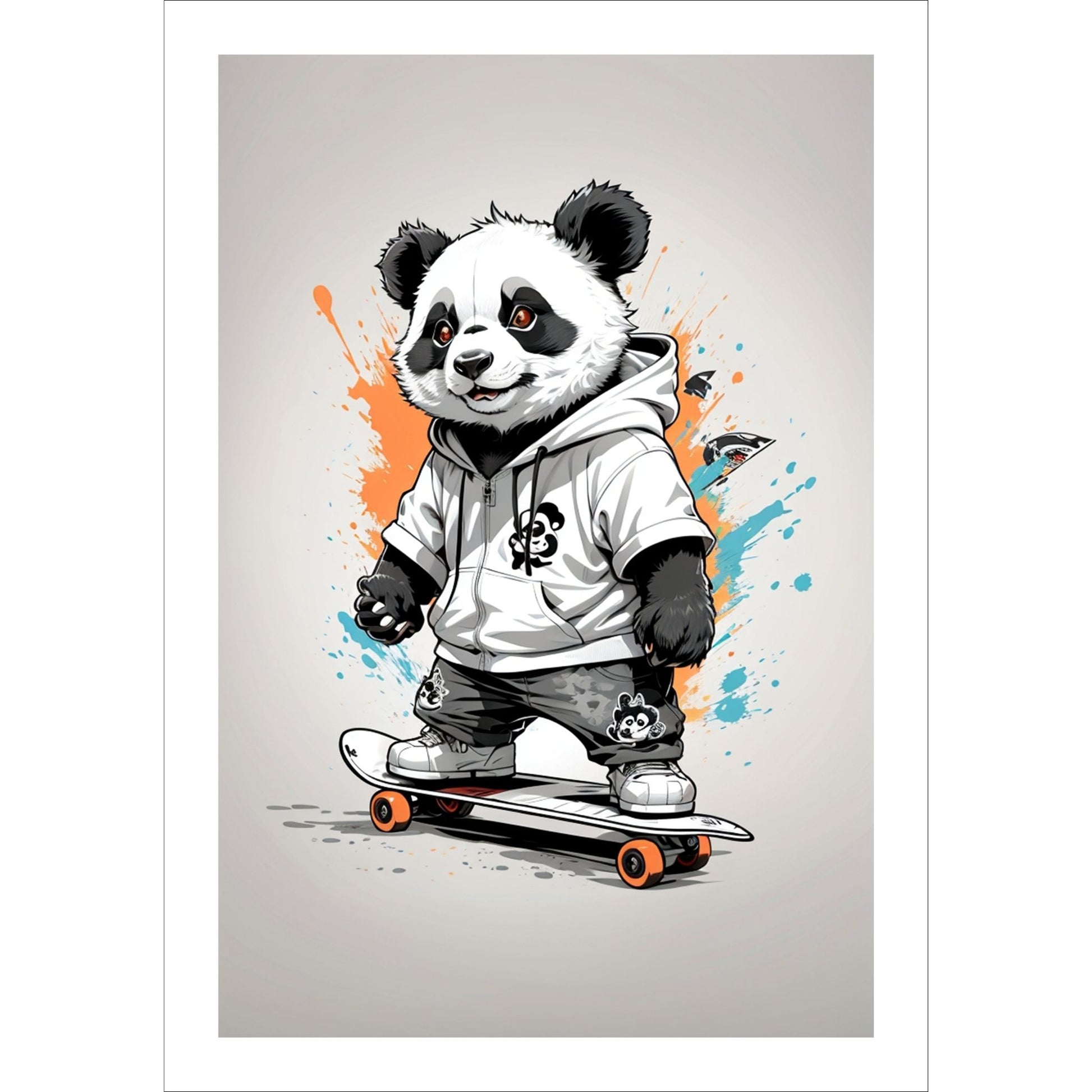 Denne unike plakaten eller lerretet viser en panda som står på skateboard, ikledd hettejakke, cool bukse og sneakers. Motivet har en fargerik splash på grå bakgrunn. 