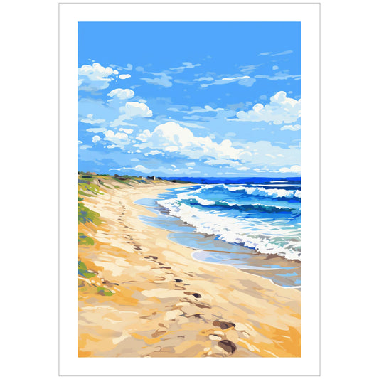 Dette spesifikke plakatmotivet viser blått hav, himmel med hvite skybanker og en strand. Perfekt for å bringe den avslappende sommerstemningen inn i ditt hjem.