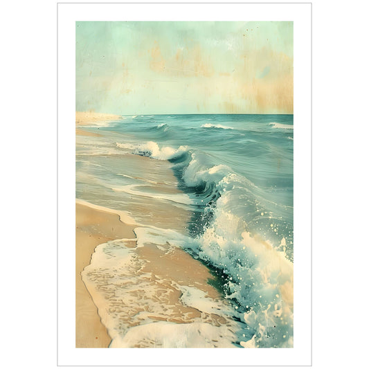 Dette spesifikke plakatmotivet viser bølger som slår innover en sandstrand, perfekt for å bringe den avslappende sommerstemningen inn i ditt hjem.