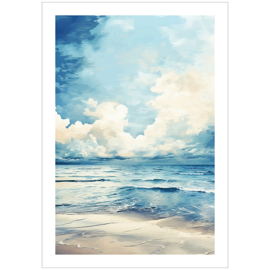 Dette spesifikke plakatmotivet viser sjø, strand og en himmel med hvite skybanker, perfekt for å bringe den avslappende sommerstemningen inn i ditt hjem. 
