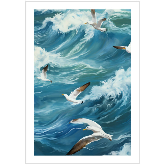 Dette spesifikke plakatmotivet viser måker som flyr lavt over en sjø med bølgr, perfekt for å bringe den avslappende sommerstemningen inn i ditt hjem. 