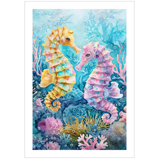Dette spesifikke plakatmotivet viser en illustrasjon av to fargerike havhester som omgir seg med blått hav og koraller, perfekt for å bringe den avslappende sommerstemningen inn i ditt hjem.