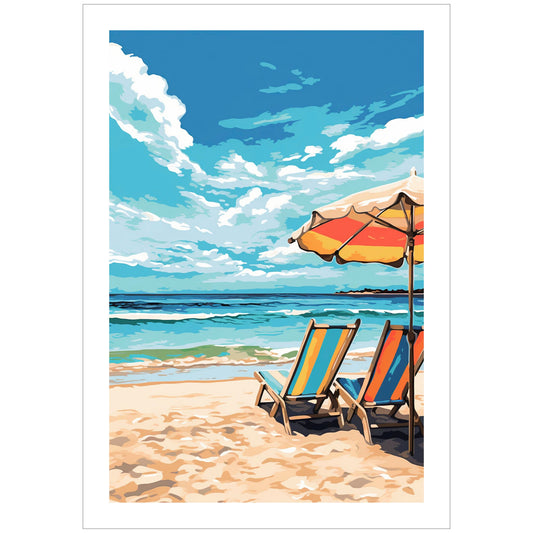 Dette spesifikke plakatmotivet viser blått hav, himmel med hvite skybanker og en strand med to solstoler og parasoll.