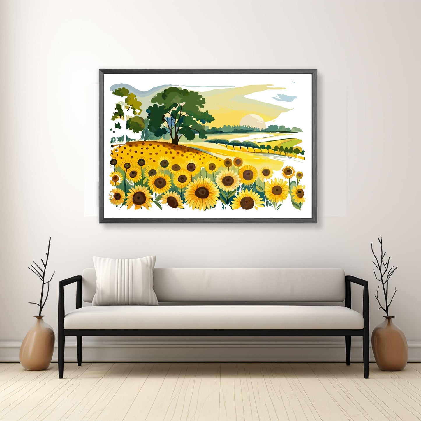 Opplev skjønnheten i naturen med "Sunflower Fields" plakat fra vår unike serie grafiske akvarellmalerier.  Illustrasjonsfoto viser plakat i mørk grå ramme.