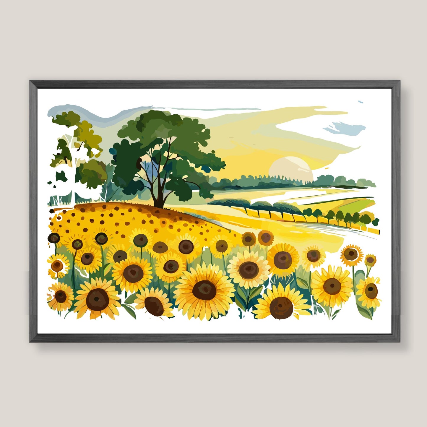 Opplev skjønnheten i naturen med "Sunflower Fields" plakat fra vår unike serie grafiske akvarellmalerier.  Illustrasjonsfoto viser plakat i mørk grå ramme.