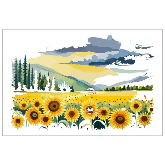 Opplev skjønnheten i naturen med "Sunflower Fields" plakat fra vår unike serie grafiske akvarellmalerier.  I